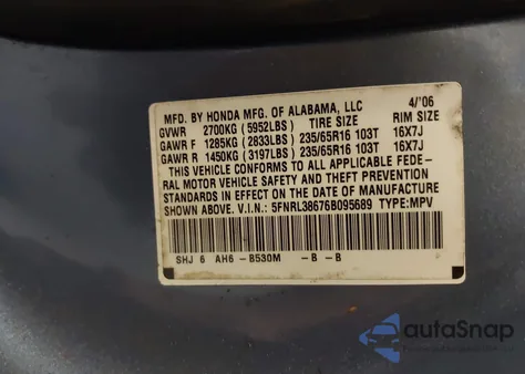 2006 Honda Odyssey Ex-L from USA, damaged, VIN 5FNRL38676B095689